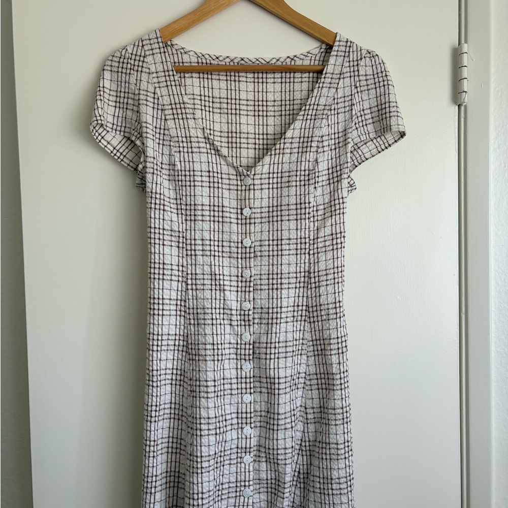 Rhythm Plaid Button-Front Midi Dress in Cream and Brown